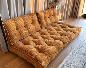 Corduroy bench cushion | Quilted floor sofa | Cozy corner reading cushion with backrest | floor cushions for children