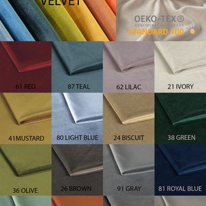 May include: A color chart of 16 different velvet fabric swatches. The swatches are arranged in four rows of four. The colors include red, teal, lilac, ivory, mustard, light blue, biscuit, green, olive, brown, gray, royal blue, mint, orange, dark gray, and dim beige. The chart also includes the Oeko-Tex Standard 100 logo.