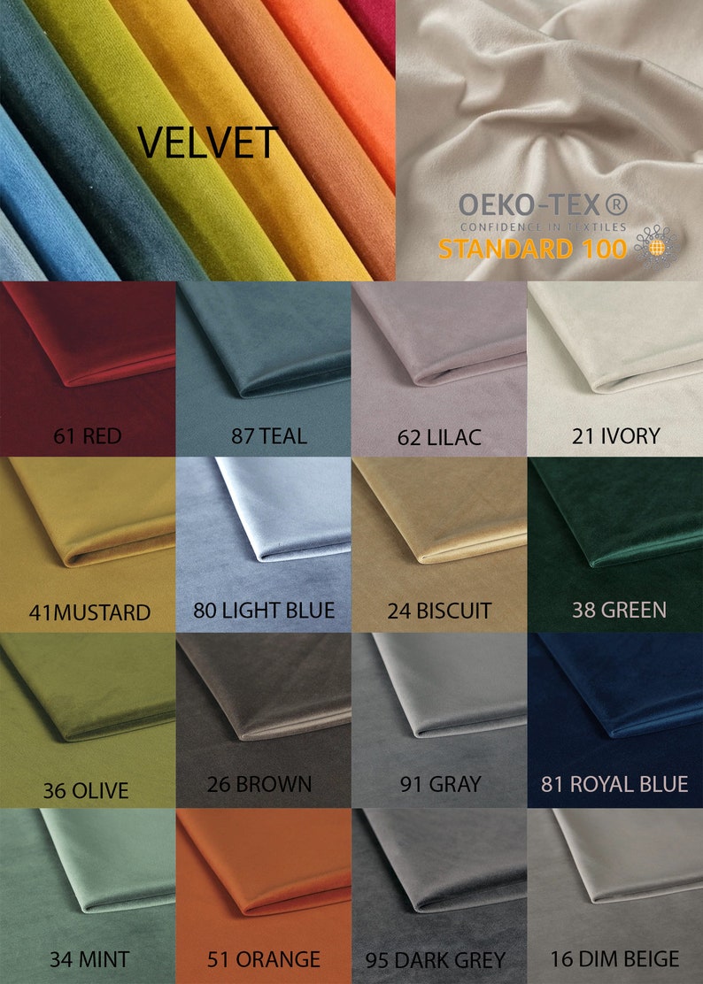May include: A color chart of 16 different velvet fabric swatches. The swatches are arranged in four rows of four. The colors include red, teal, lilac, ivory, mustard, light blue, biscuit, green, olive, brown, gray, royal blue, mint, orange, dark gray, and dim beige. The chart also includes the Oeko-Tex Standard 100 logo.