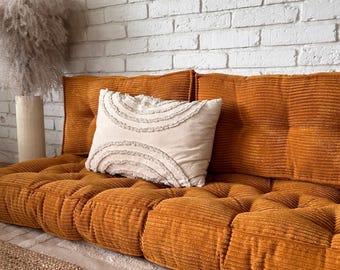 Cord-Bodensofa, Sitz- und Rückenkissen, Fensterkissen, Bankkissen, Senf-Bodensofa