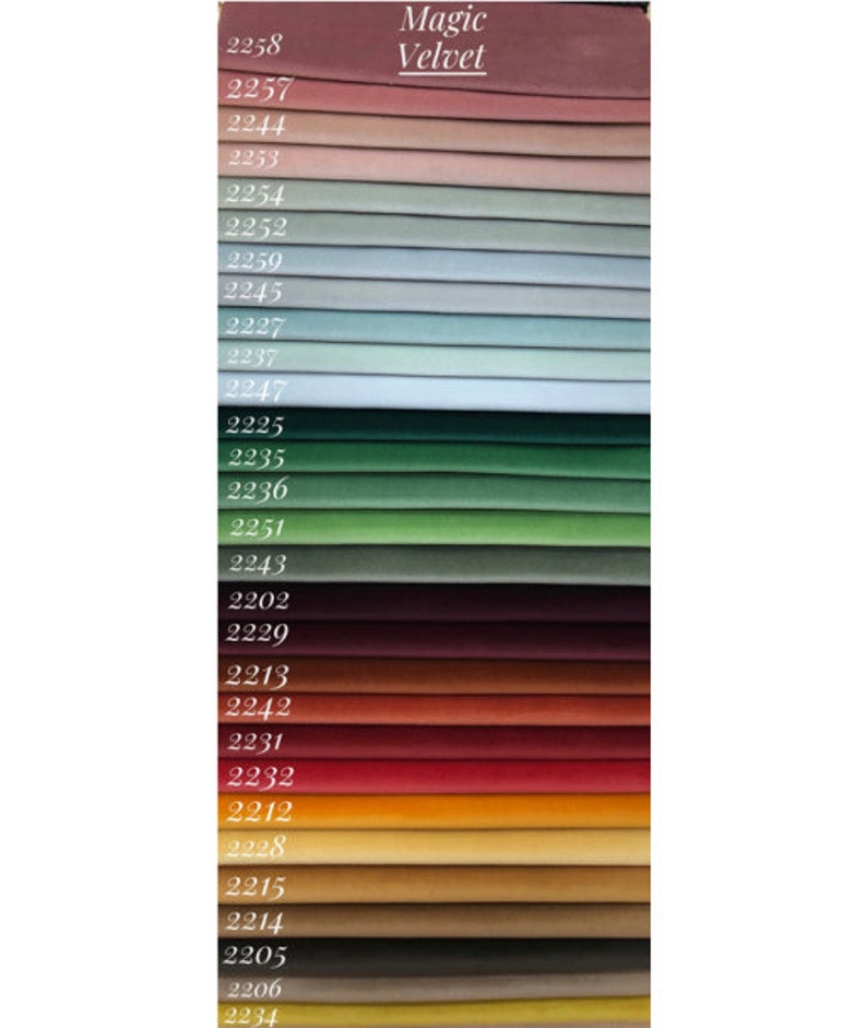 May include: Swatch card of Magic Velvet fabric samples in various colors, including red, green, brown, and yellow. The fabric swatches are numbered with a code, such as 2258, 2257, 2244, and so on.