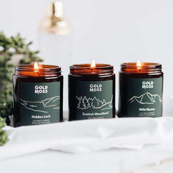 Scottish Collection Set 3 Candles| Scottish Woodland, Hidden Loch, Wild Munro | Made in Scotland, Outdoor Hiking Lover, Scottish Unique Gift