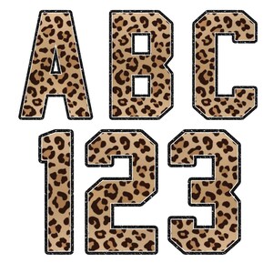 May include: Leopard print letters A, B, C and numbers 1, 2, 3 with a black outline.