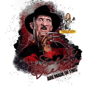 Könnte beinhalten: Ein rotes und schwarzes Grafikdesign mit Freddy Krueger aus dem Film "Nightmare on Elm Street". Das Design enthält den Text "Sweet Dreams Are Made Of This".