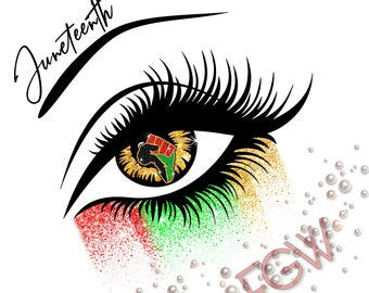 May include: A stylized eye with a black lash and a gold glitter background. The iris is a gold color with a black fist raised in the air inside. The text "Juneteenth" is written in black cursive above the eye. The background is white with a scattering of white pearls.