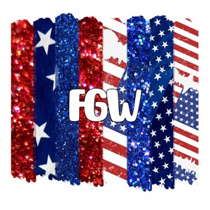 May include: A digital graphic with a red, white, and blue color scheme. The graphic features a glittery background with the letters "FGW" in white. The graphic is reminiscent of the American flag.