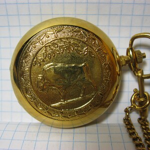 Può includere: Un orologio da tasca color oro con un design in rilievo dettagliato sulla copertura. Il design presenta un bisonte o un toro al centro, circondato da un bordo ornato. È attaccata una catena dorata abbinata.