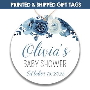 PRINTED + SHIPPED Blue Floral Baby Shower Favor Tags | Personalized Navy Baby Shower Gift Tags | Shower Favors Tags or Stickers