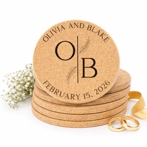 Bulk Cork Coasters For Wedding Favors | Engraved Cork Coasters | Split Initials Wedding Coasters with Greenery | Rustic Wedding Favors