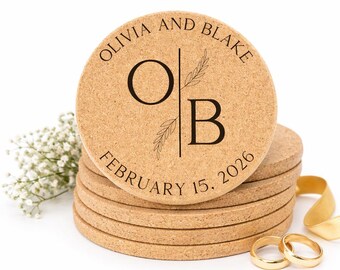 Bulk Cork Coasters For Wedding Favors | Engraved Cork Coasters | Split Initials Wedding Coasters with Greenery | Rustic Wedding Favors
