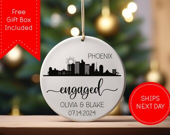 Phoenix Engaged Ornament – Personalized Christmas Ornament with City Skyline, Names & Date – Custom Engagement Gift for Couples | CO111