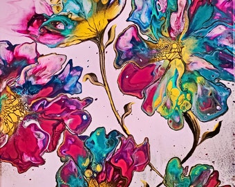 Gift for mom/'s home 20x16 canvas Bright colors painting Colorful wall decor Fluid acrylics abstract painting Dutch pour flowers