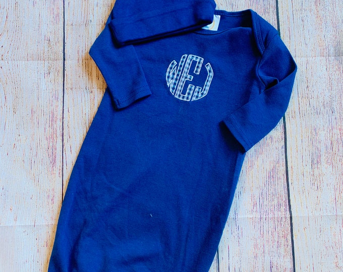 Monogrammed Baby Gown for Boys Circle Monogram Gown and Hat Gingham Sibling Matching