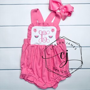 Monogram Watermelon Romper Sunsuit for Baby Toddler Girls One in a Melon Outfit