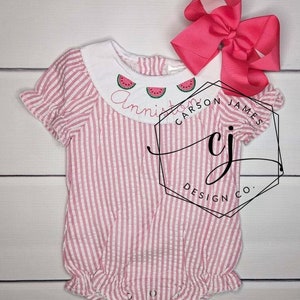 Monogram Watermelon romper bubble for baby toddler kids girls berry first birthday outfit