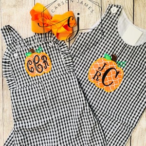 Monogram Pumpkin Outfit for Baby Toddler Kids Fall Romper Jumper Longalls Sibling Matching for Halloween and Thanksgiving