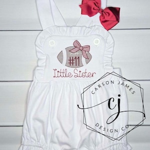 Monogram Football Romper Sunsuit for a baby and toddler girl little sister softball baseball sibling matching