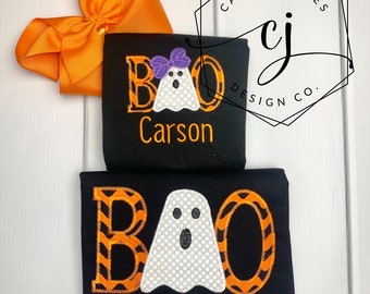 Monogram Halloween Ghost Shirt for Baby Toddler Kids Boys Girls Pumpkin Shirt Sibling Matching