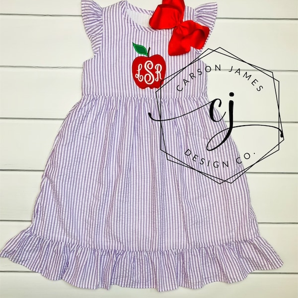 Monogram Back to School Apple Dress for baby toddler girls kids Apple picking dress first day of school outfit