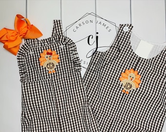 Monogram Turkey Outfit for Baby Toddler Kids Fall Romper Jumper Longalls Sibling Matching for Halloween and Thanksgiving