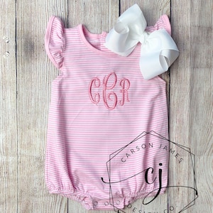 Monogram Bubble Romper for baby toddler girls stripe romper summer outfir