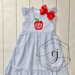 Monogram Back to School Apple Dress for baby toddler girls kids Apple picking dress first day of school outfit