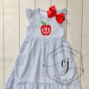 Monogram Back to School Apple Dress for baby toddler girls kids Apple picking dress first day of school outfit