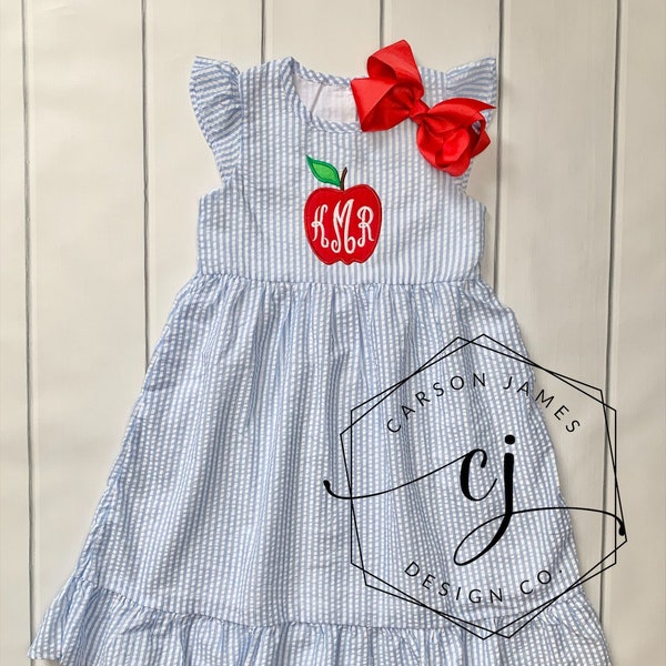 Monogram Back to School Apple Dress for baby toddler girls kids Apple picking dress first day of school outfit