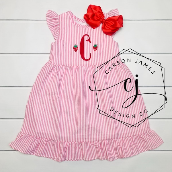 Monogram Strawberry Dress for Baby Toddler Girls Personalized Birthday Dress