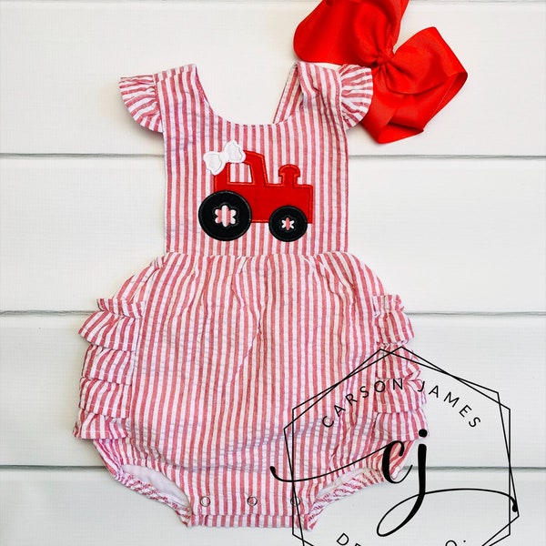 Girl Tractor Romper for Baby and Toddler seersucker ruffle Girls Easter Outfit Summer Outfit Picture Outfit