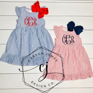 Monogram July 4th Dress for Baby Toddler Girls Seersucker Dress Memorial Day Patriotic Independence Day Outfit