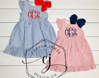 Monogram July 4th Dress for Baby Toddler Girls Seersucker Dress Memorial Day Patriotic Independence Day Outfit