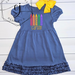 Monogram Back to School Dress Crayon Dress for baby toddler girls kids Apple picking dress first day of school outfit