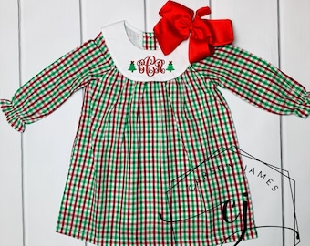 Monogram Christmas Dress or Bubble for Baby Toddler Kids girls classic Christmas dress Santa dress bishop dress