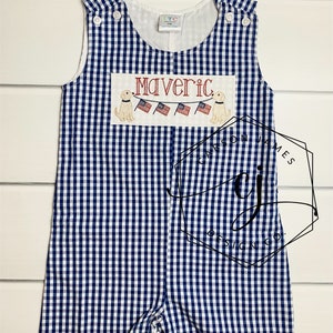Monogram Romper Shortall for Baby Toddler Boys July 4th outfit Patriotic overalls