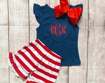 Monogram July 4th Outfit for Baby Toddler Girls Patriotic USA Labor Day Memorial Day Shirt and Shorts