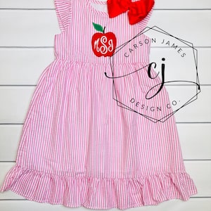 Monogram Back to School Apple Dress for baby toddler girls kids Apple picking dress first day of school outfit