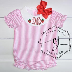 Monogram strawberry romper bubble for baby toddler kids girls berry first birthday outfit