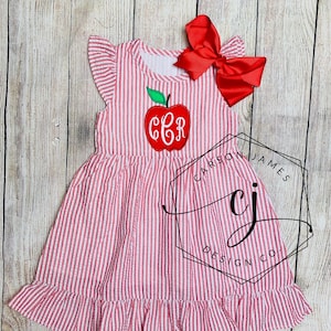 Monogram Back to School Apple Dress for baby toddler girls kids Apple picking dress first day of school outfit