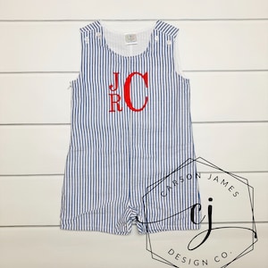 Monogram Romper Shortall for Baby Toddler Boys July 4th outfit Patriotic overalls