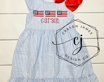 Monogram July 4th Dress for Baby Toddler Girls Seersucker Dress Memorial Day Patriotic Independence Day Outfit
