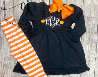 Monogram Pumpkin Dress Halloween Outfit for Baby Toddler Kids Girls Fall Dress Pumpkin Outfit