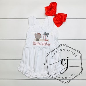 Monogram Baseball Romper Sunsuit for a baby and toddler girl little sister softball baseball sibling matching
