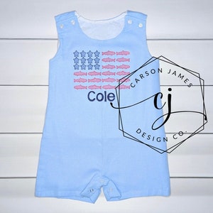 Monogram Romper Shortall for Baby Toddler Boys July 4th outfit Patriotic overalls
