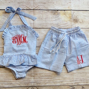 Monogram Swimsuit bikini for baby toddler kids Seersucker brother sister matching bathing suit swim trunks
