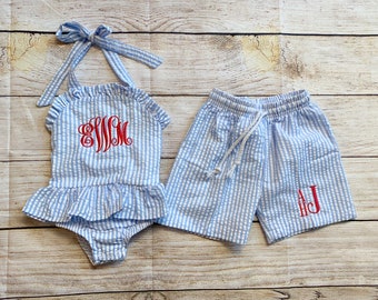 Monogram Swimsuit bikini for baby toddler kids Seersucker brother sister matching bathing suit swim trunks