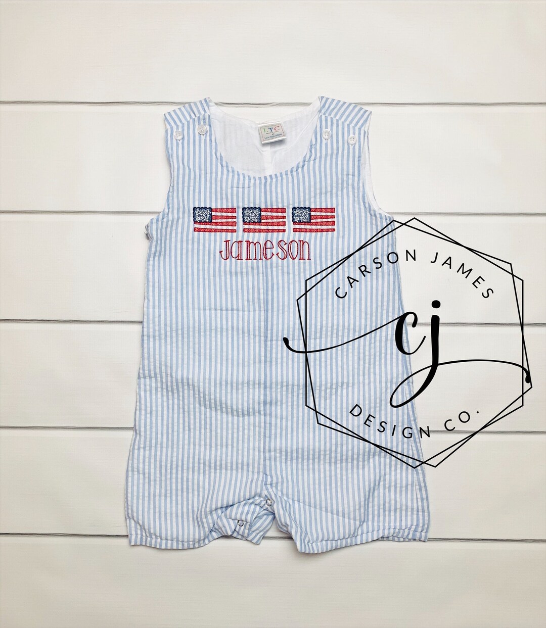 Monogram Romper Shortall for Baby Toddler Boys July 4th Outfit