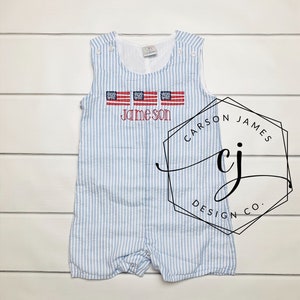 Monogram Romper Shortall for Baby Toddler Boys July 4th outfit Patriotic overalls