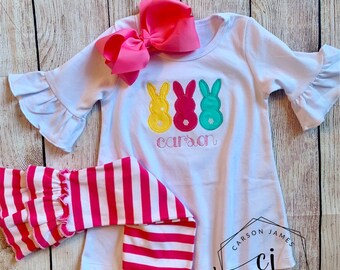 Monogram Easter Tunic Dress Shirt Bunnies Leggings Outfit Easter Gift for Toddler Baby Kids Girls