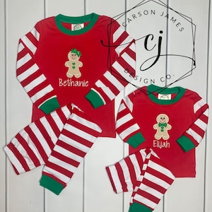 Monogram Gingerbread Christmas Pajamas Toddler Family Matching Embroidered Personalized for Baby Kid Cousins Family